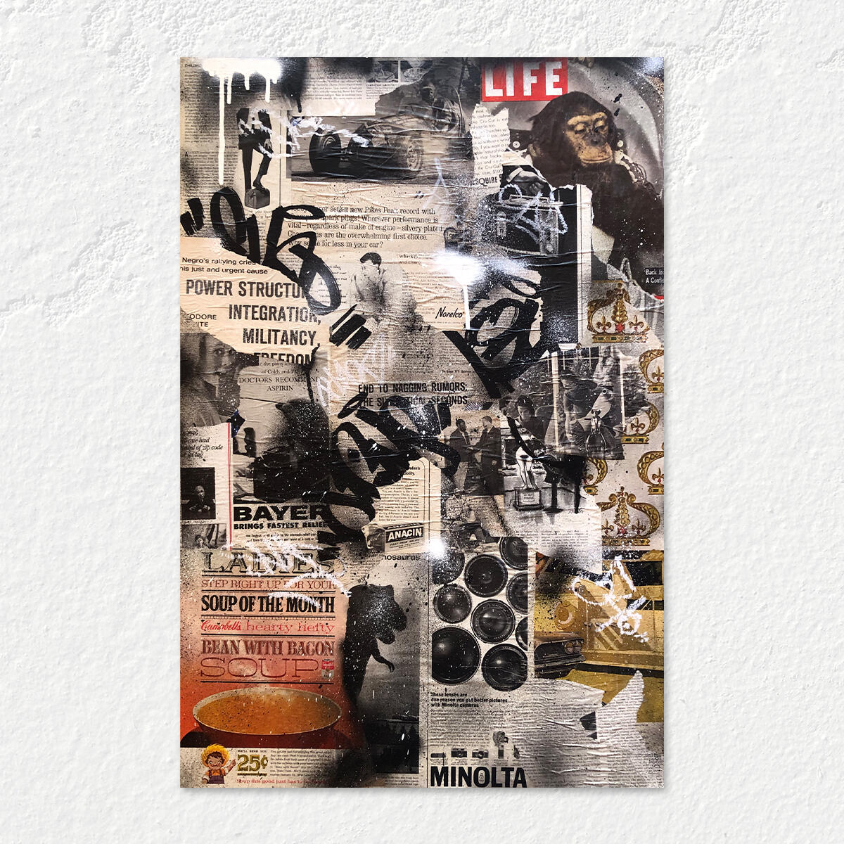 Power Struggle by Roche Jackson, a 24 x 36 inch mixed media graffiti painting on handmade wood panel featuring vintage magazine collage, layered graffiti, spray paint, and contemporary abstract street art.