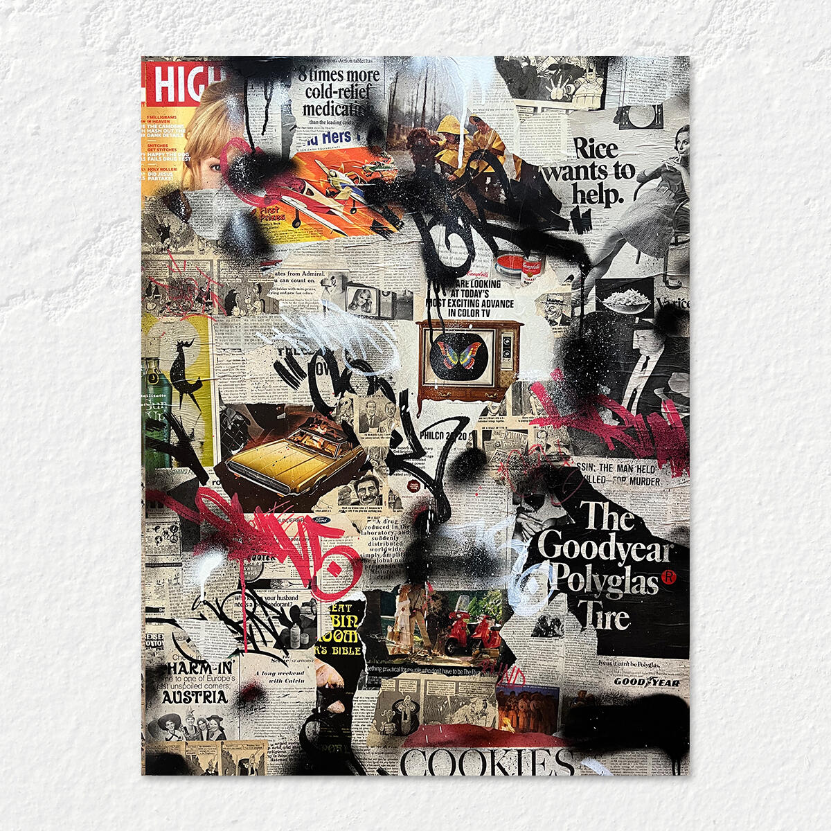 The Good Years by Roche Jackson, a 30 x 40 inch mixed media graffiti painting on canvas featuring vintage magazine collage, tire advertisements, high times imagery, spray paint, and layered abstract street art.