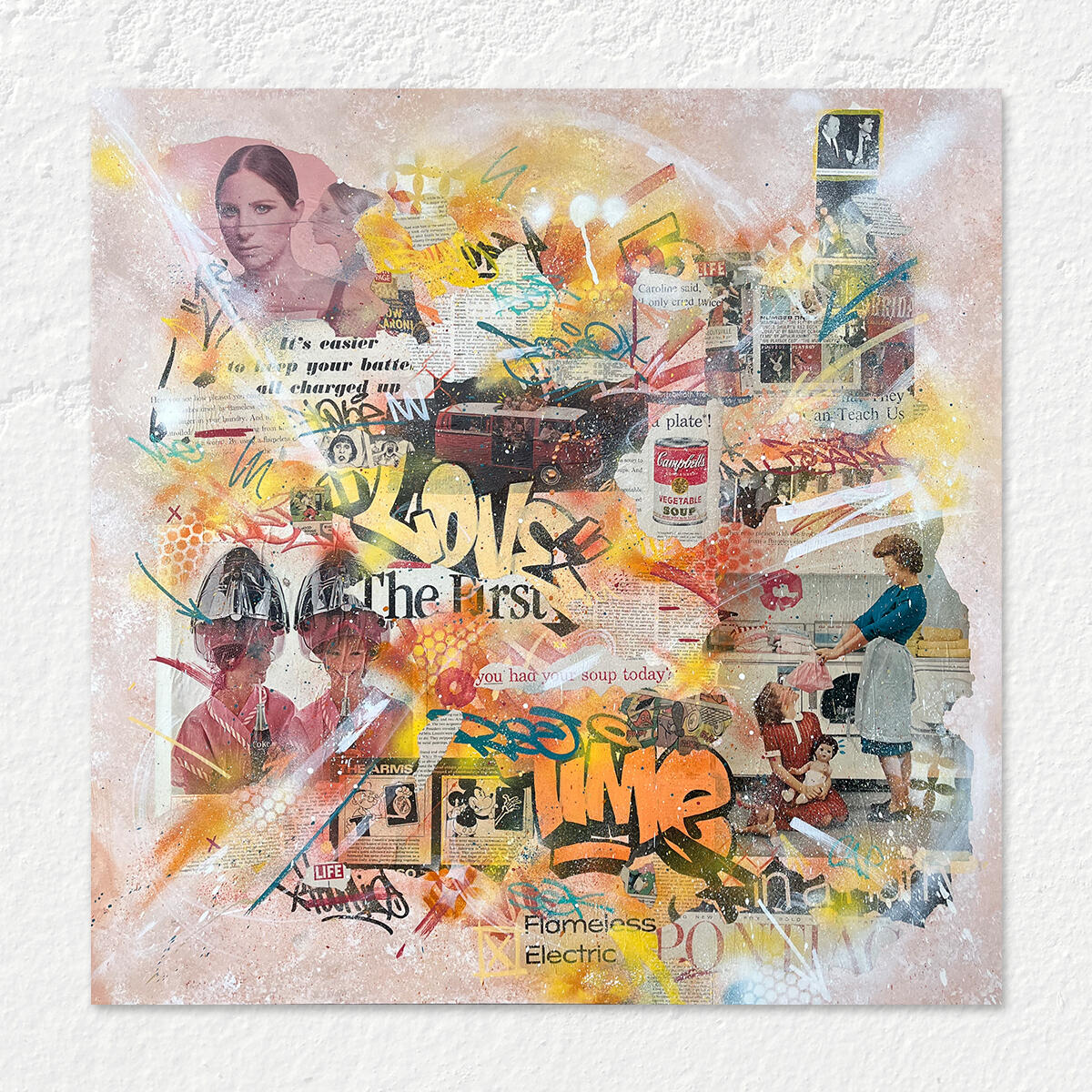 Soup of the Day by Roche Jackson, a 40 x 40 inch mixed media graffiti painting featuring warm pink tones, vintage collage, layered acrylic paint, and abstract street art inspired by memory and nostalgia.