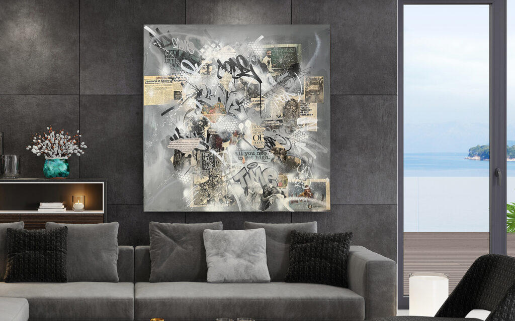 Are You High? by Roche Jackson displayed in a contemporary interior, illustrating the scale of the original 40 x 40 inch mixed media painting