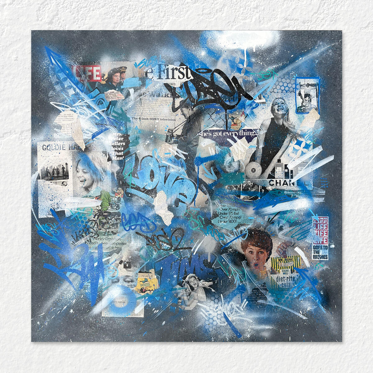 Do Not Rewind by Roche Jackson, a 40 x 40 mixed media graffiti painting featuring vintage collage, acrylic paint, and layered abstract street art.