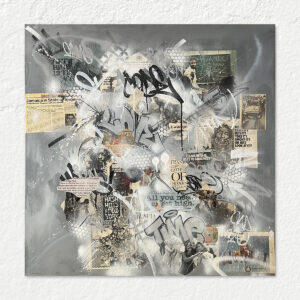 Are You High? by Roche Jackson, a 40 x 40 inch monochrome mixed media graffiti painting featuring vintage collage, layered acrylic paint, and abstract street art exploring memory and nostalgia.