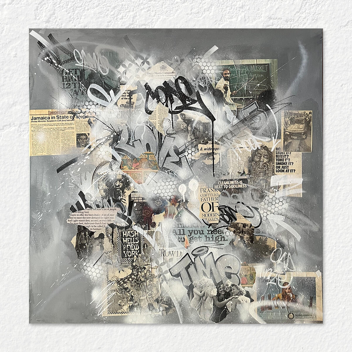 Are You High? by Roche Jackson, a 40 x 40 inch monochrome mixed media graffiti painting featuring vintage collage, layered acrylic paint, and abstract street art exploring memory and nostalgia.