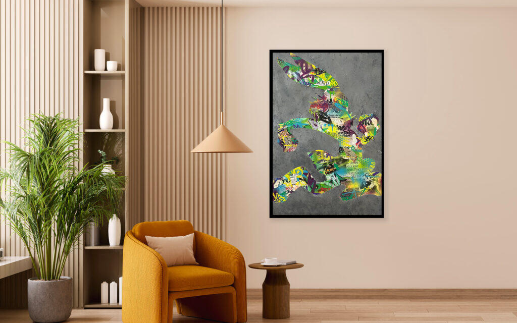 Buggin by Roche Jackson displayed in a contemporary interior, showing the scale of the 24 x 36 inch mixed media silhouette painting.