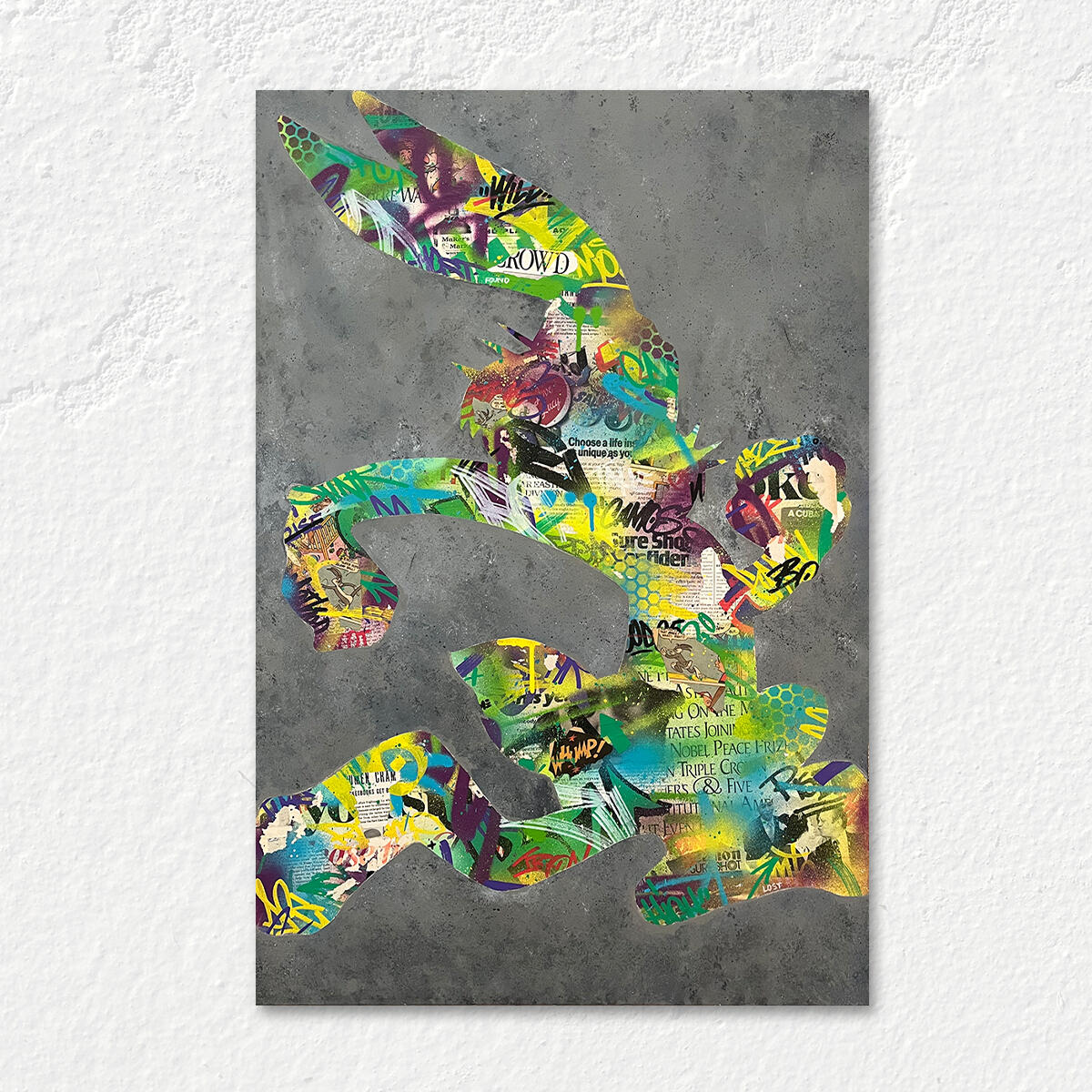 Buggin by Roche Jackson, a 24 x 36 inch mixed media silhouette painting featuring a running rabbit filled with vintage collage, graffiti marks, spray paint, and layered street art textures.