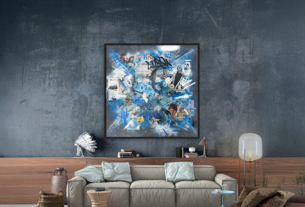 Do Not Rewind by Roche Jackson displayed in a contemporary living space, showing the scale of the original mixed media artwork.