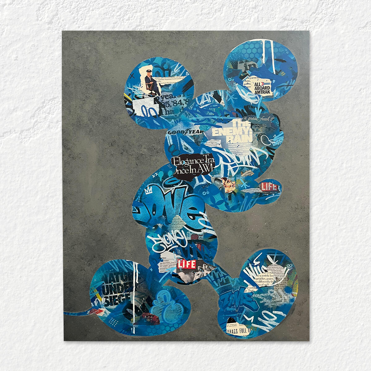 Down Mickey by Roche Jackson, a 24 x 30 inch blue mixed media silhouette painting featuring vintage collage, layered graffiti, spray paint, and contemporary street art.