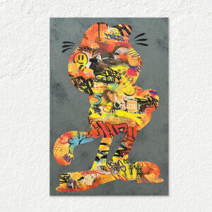 The Honest Cat by Roche Jackson, a 24 x 36 inch mixed media silhouette painting featuring layered vintage collage, graffiti, spray paint, and warm orange tones.