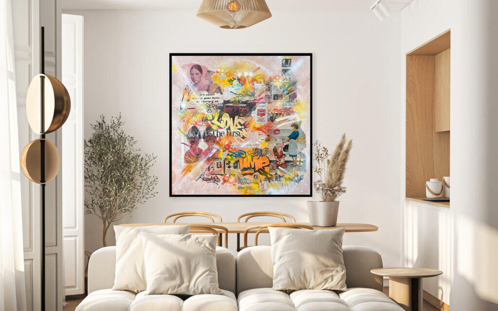 Soup of the Day by Roche Jackson displayed in a modern interior, showing the scale and presentation of the original mixed media artwork.