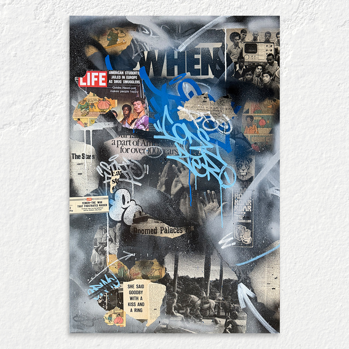 Sonic Rings by Roche Jackson, a 24 x 36 mixed media graffiti painting featuring vintage collage, electric blue graffiti, newsprint, and layered cultural imagery.