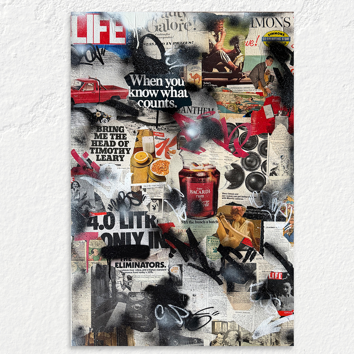 When It Counts by Roche Jackson, a mixed media graffiti painting featuring burgundy tones, aged vintage collage, spray paint, and layered abstract marks exploring memory.